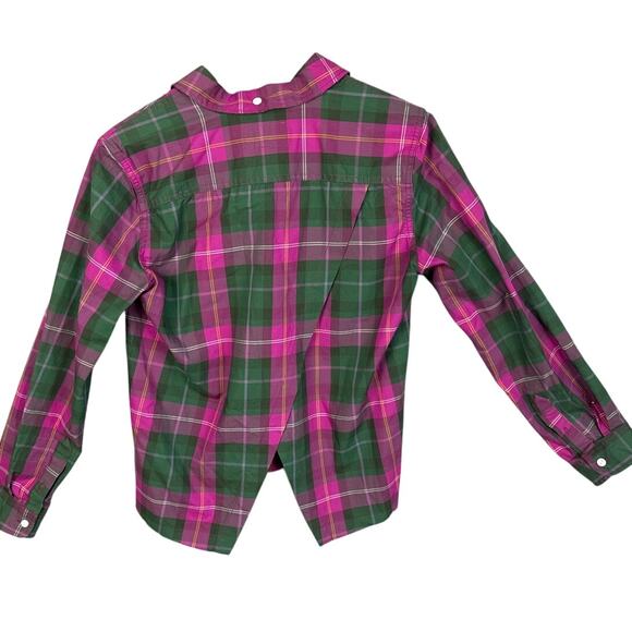 Current/Elliot Women’s Plaid Button Up Shirt Pink Green Fray Hem SZ 1 Layering - Picture 2 of 9